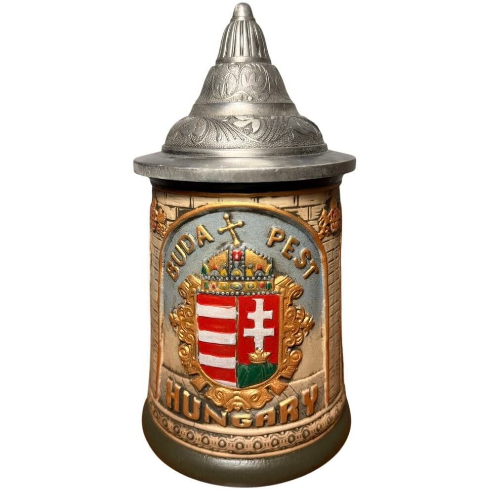 Vintage Risch-Lau Budapest Hungary Beer Stein Hand Painted Covered Pewter Lid